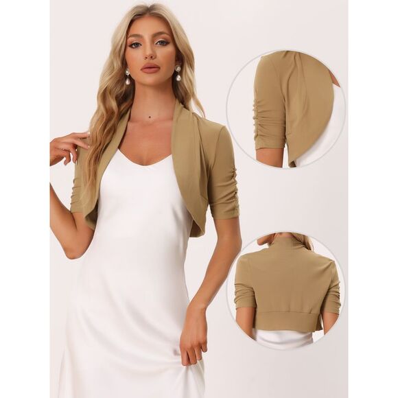 Short Sleeve Shrugs Ruched Sleeve Open Front Cropped Bolero Camel - Picture 2 of 5